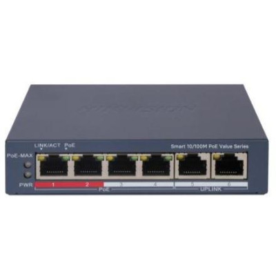 DS-3E1106P-EI/M - Smart switch 4x 100TX PoE, 2x 100TX uplink, 35W, Super PoE