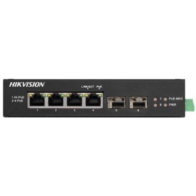 DS-3T0506HP-E/HS - Průmyslový switch, 4x Gb PoE (1x Hi-PoE) + 2x Gb SFP, 60W, Super PoE