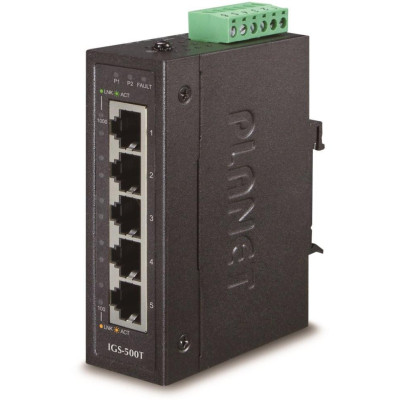 Planet IGS-500T, 5x 1000Base-T, DIN, IP30, rozšířený teplotní rozsah -40 až +75C, ESD+EFT do 6kV