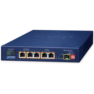 Planet BSP-115PV-15A  solární PoE+ switch, 5x1Gb, 1x1Gb SFP, 5x PoE+ 802.3at, -20~65°C , IP30, LCD displej