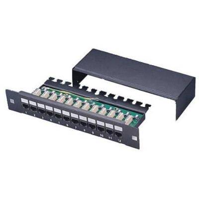 XtendLan Patch panel 10", 12 portů, 1U, Cat5e, stíněný, LSA, s krytem, vodorovné umístění konektorů, zemnič, černý