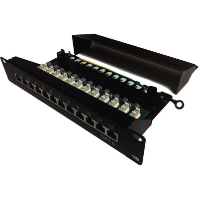 XtendLan Patch panel 10", 12 portů, 1U, Cat6, stíněný, LSA, s krytem, vodorovné umístění konektorů, zemnič, černý