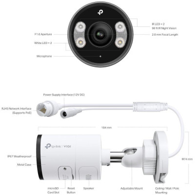 TP-Link VIGI InSight S345(2.8mm), 4MP, bullet, 2.8mm, 2688x1520, Full-Color IR 30m, mic + repro, PoE, SD, IP67