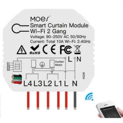 WM-108B-MS - 2 kanálový mini WiFi spínač posuvu závěsů nebo rolet,, AC 90-250V, Total 10A